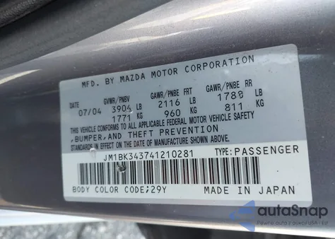 2004 Mazda Mazda3 S из США, поврежденный, VIN JM1BK343741210281